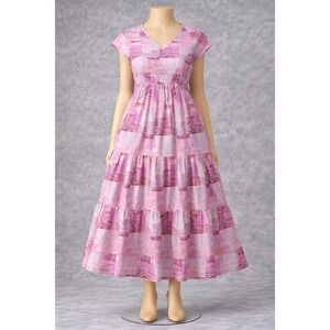 Stan Herman Pink Purple Abstract Print Tiered Maxi Lounge Dress XS Short Sleeve